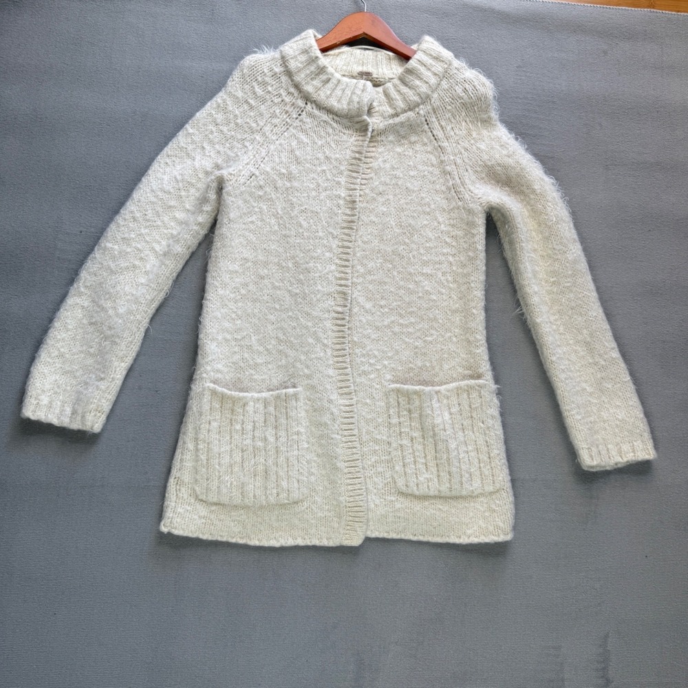 Free People Cream Wool Blend Chunky Knit Snap Front Longline Cardigan Size L